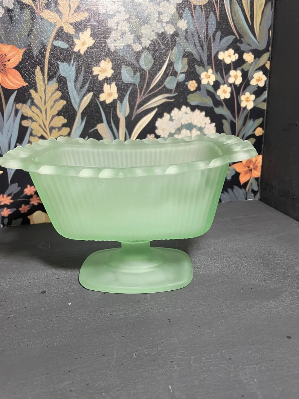 Frosted Sea Green Pedestal Compote Candy Dish MCM Vintage
